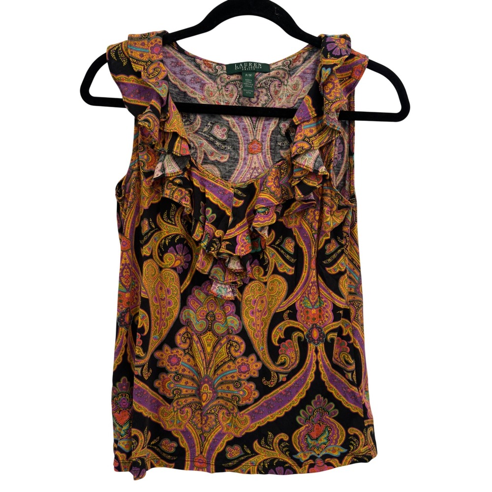 Lauren‎ Ralph Lauren Sleeveless Top PM Black Baroque Paisley Cotton Ruffle